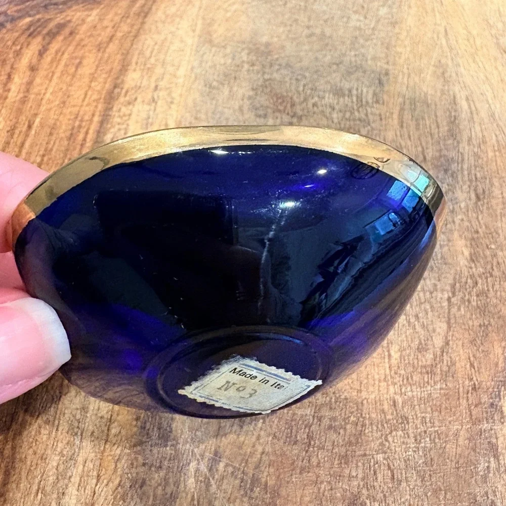 Vintage‎ Trinket Dish Blue Gold Hand Painted Floral Made in Italy Glass